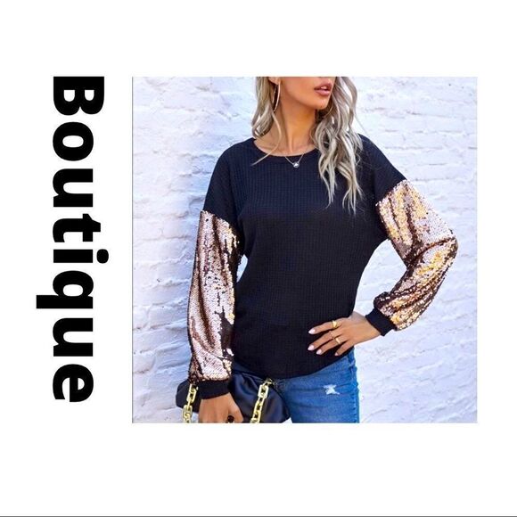 5 🌟 Rated Waffle Shirt with Gold Sequined Sleeves, Rounded Hem - Picture 3 of 13